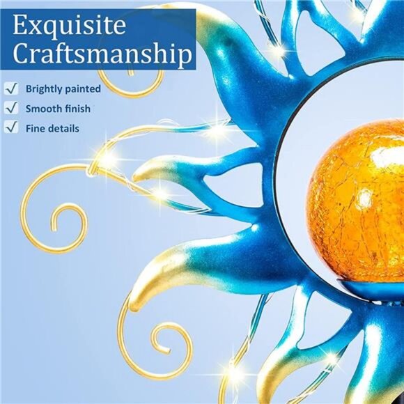 Blue Metal Sun Crackle Glass Globe Stake Waterproof 30LED Decorations - Picture 3 of 7